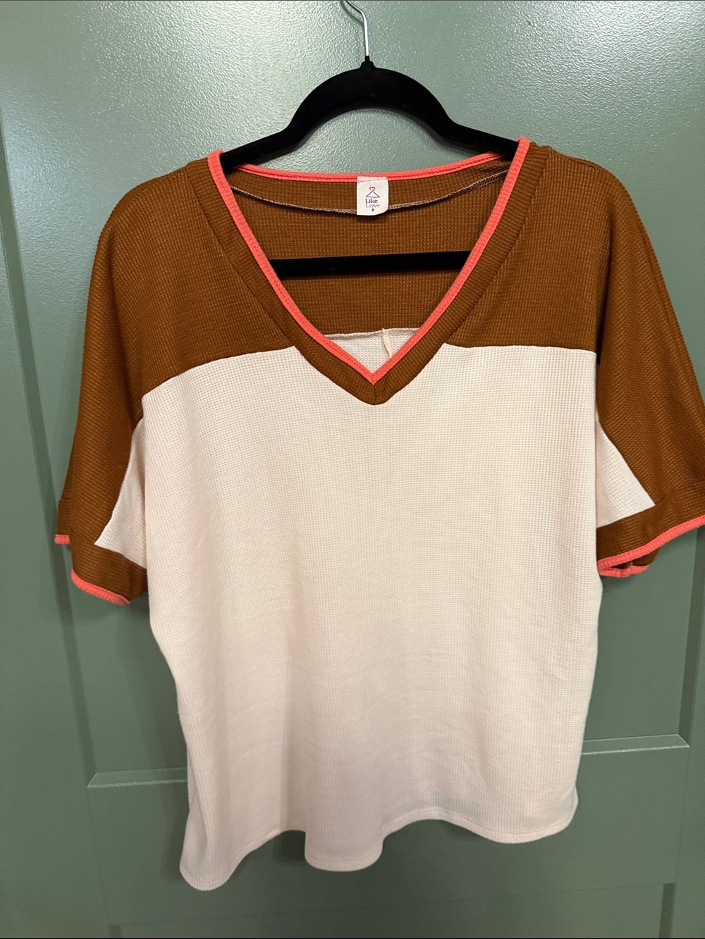Waffle V-Neck Colorblock Top - Brown & Cream with Coral Trim